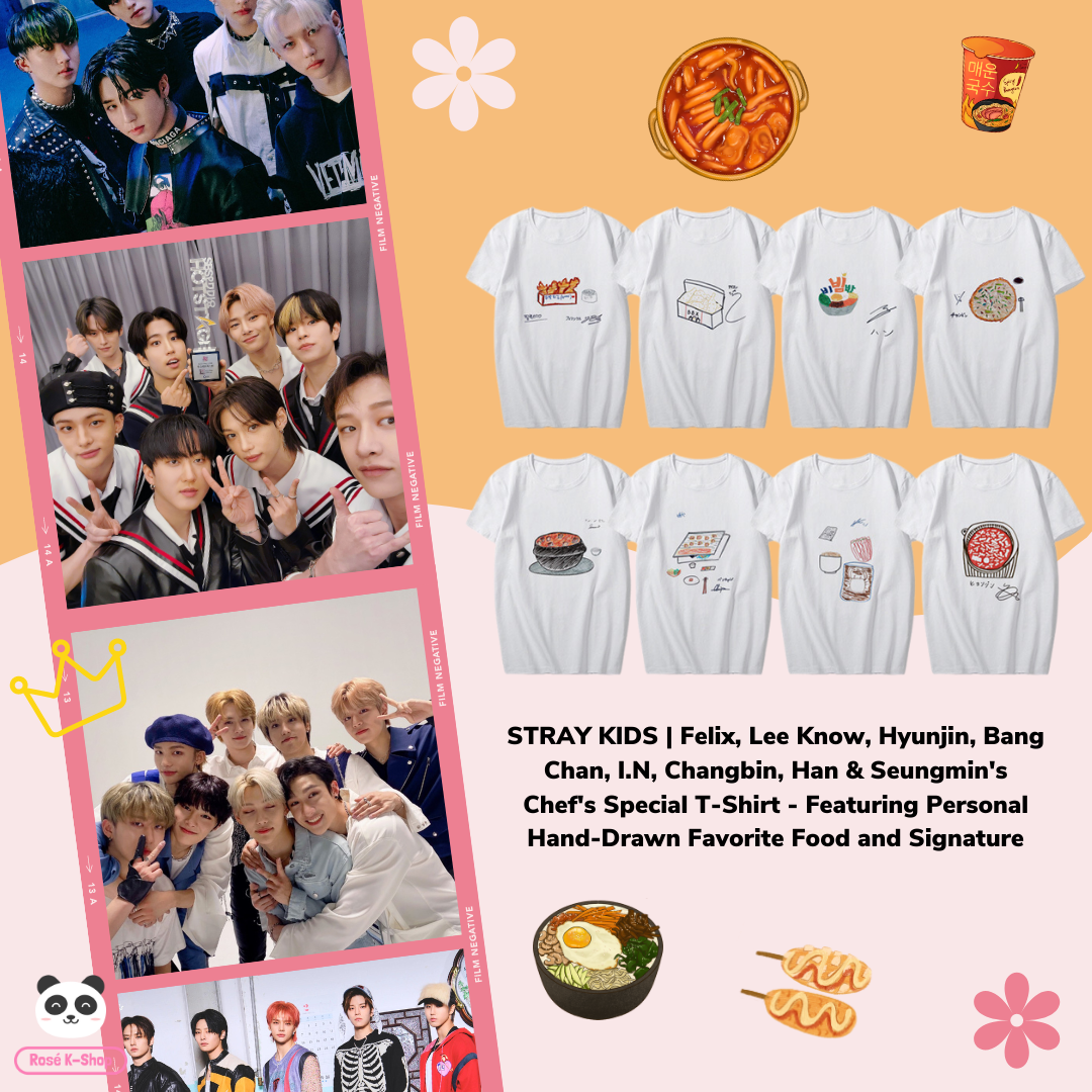 STRAY KIDS Felix, Lee Know, Hyunjin, Bang Chan, I.N, Changbin, Han & Seungmin's Chef's Special T-Shirt - Featuring Personal Hand-Drawn Favorite Food and Signature LIMITED EDITION