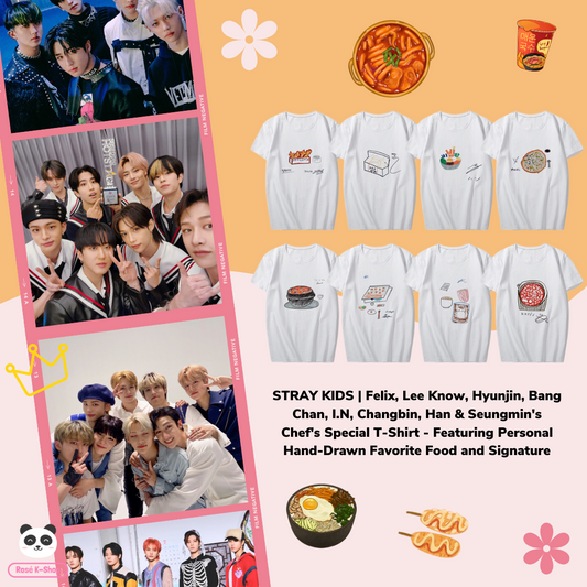 STRAY KIDS Felix, Lee Know, Hyunjin, Bang Chan, I.N, Changbin, Han & Seungmin's Chef's Special T-Shirt - Featuring Personal Hand-Drawn Favorite Food and Signature LIMITED EDITION