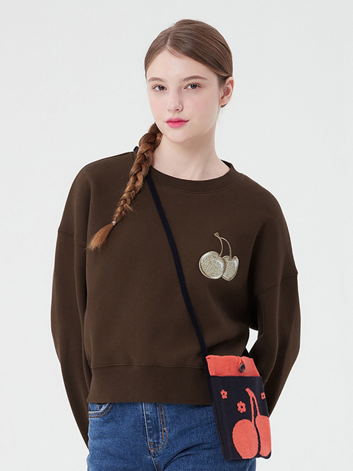 KIRSH Korea - Middle Cherry Half Sweatshirt - Brown / 1 - One Size - Rosé K-Shop