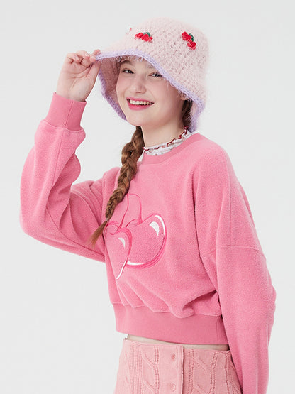 KIRSH Korea - Big Cherry Fleece Crop Sweatshirt - Pink / 1 - One Size - Rosé K-Shop