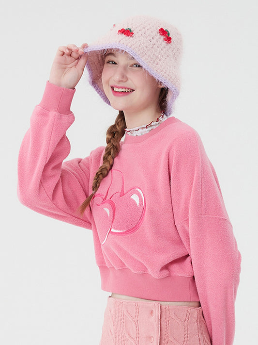 KIRSH Korea - Big Cherry Fleece Crop Sweatshirt - Pink / 1 - One Size - Rosé K-Shop