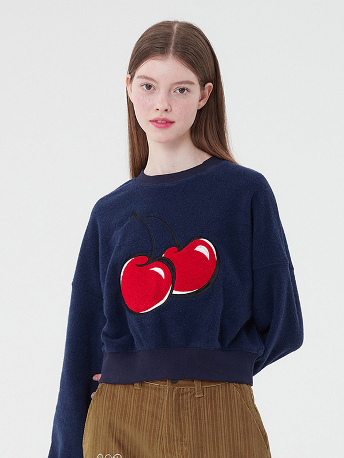 KIRSH Korea - Big Cherry Fleece Crop Sweatshirt - Navy / 1 - One Size - Rosé K-Shop