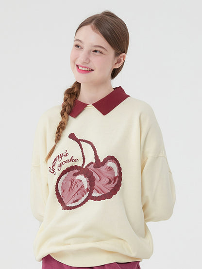 KIRSH Korea - Big Cherry Cake Sweatshirt - Cream / 1 - One Size - Rosé K-Shop