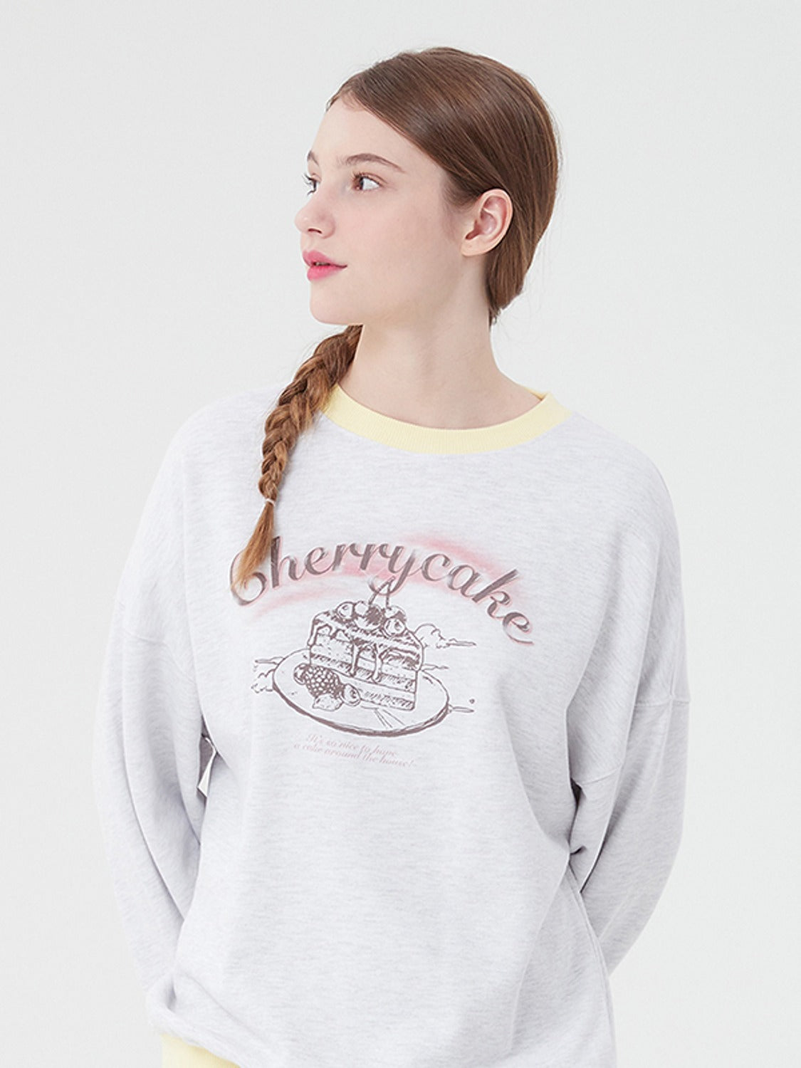 KIRSH Korea - Cherry Cake Graphic Rib Sweatshirt - Light Gray / 1 - One Size - Rosé K-Shop