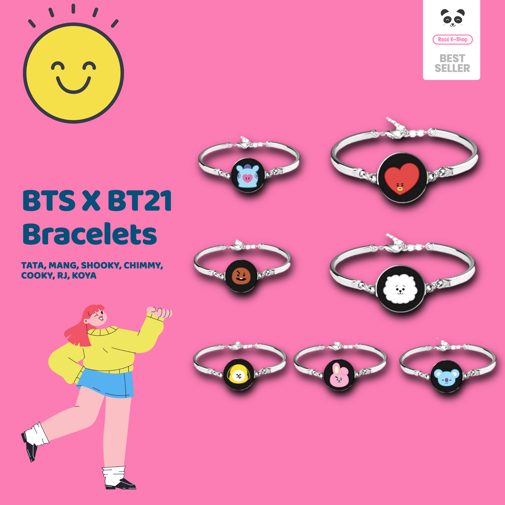 BTS X BT21 Bracelet Customized for V, Jimin, Jin, Jung Kook, SUGA, RM, j-hope - Rosé K-Shop
