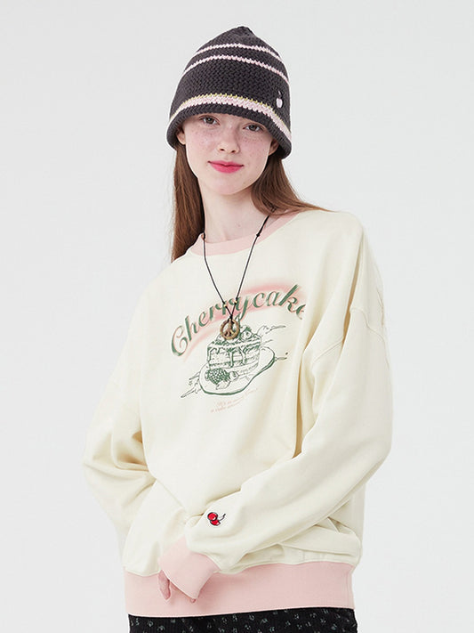 KIRSH Korea - Cherry Cake Graphic Rib Sweatshirt - Ivory / 1 - One Size - Rosé K-Shop